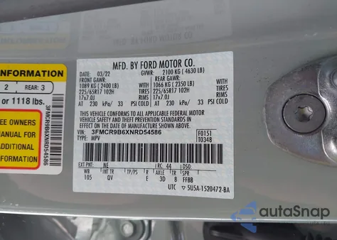 2022 Ford Bronco Sport Big Bend из США, поврежденный, VIN 3FMCR9B6XNRD54586